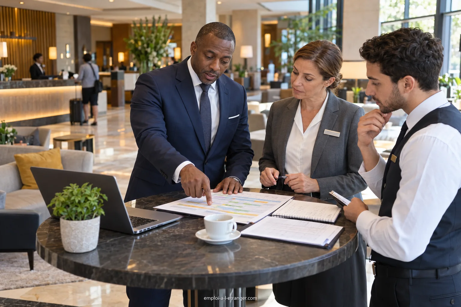 Directeur d’hôtel préparant le service avec les responsables de réception et de restauration.