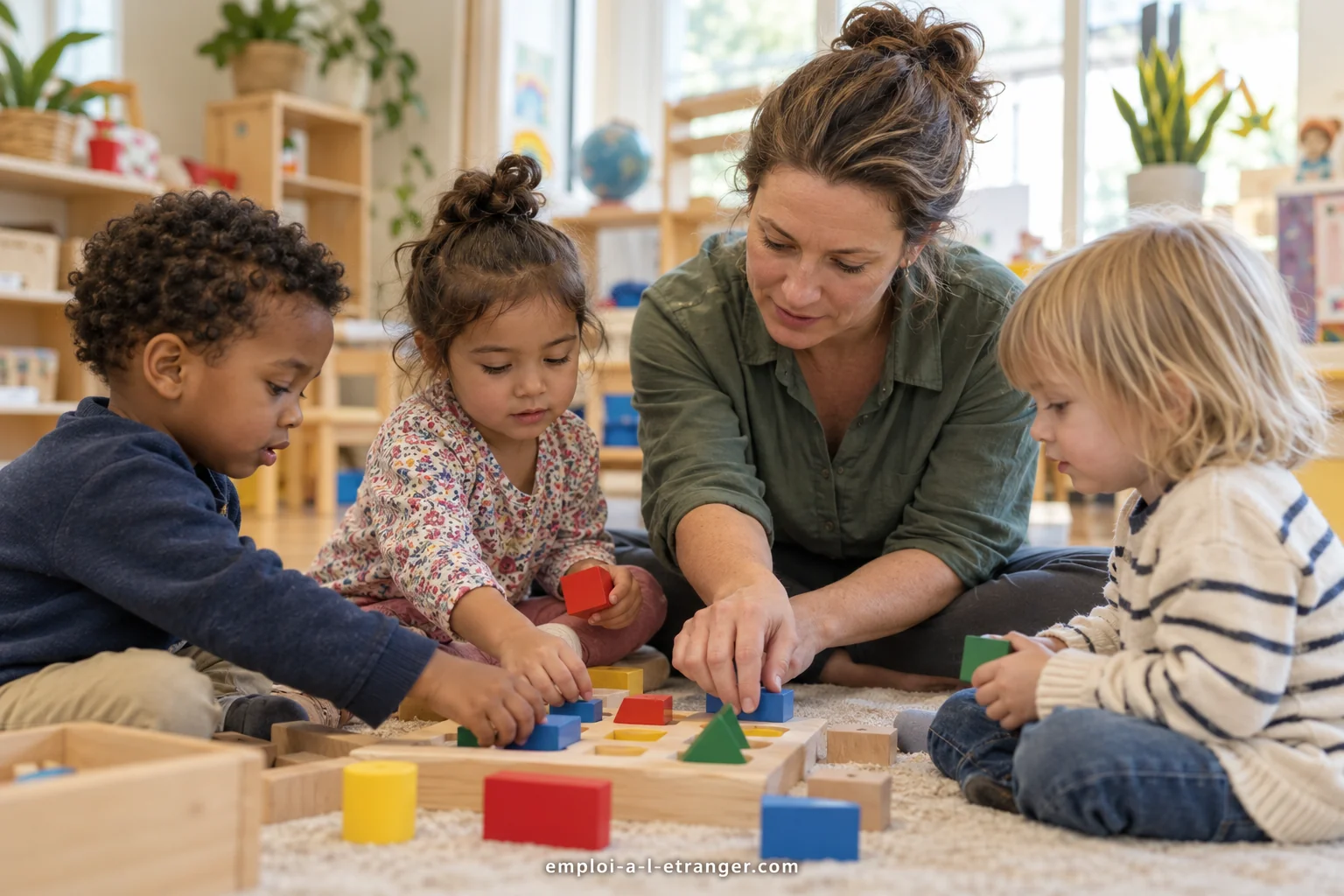 Early childhood educator guiding three children playing with wooden building blocks.