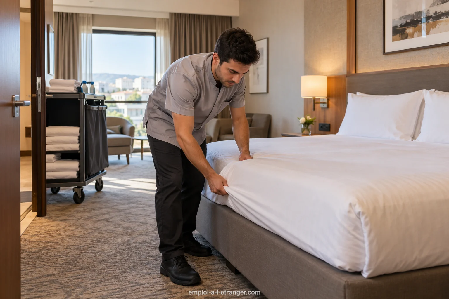 Zimmermitarbeiter bereitet die Bettwäsche in einem unbelegten Hotelzimmer vor.