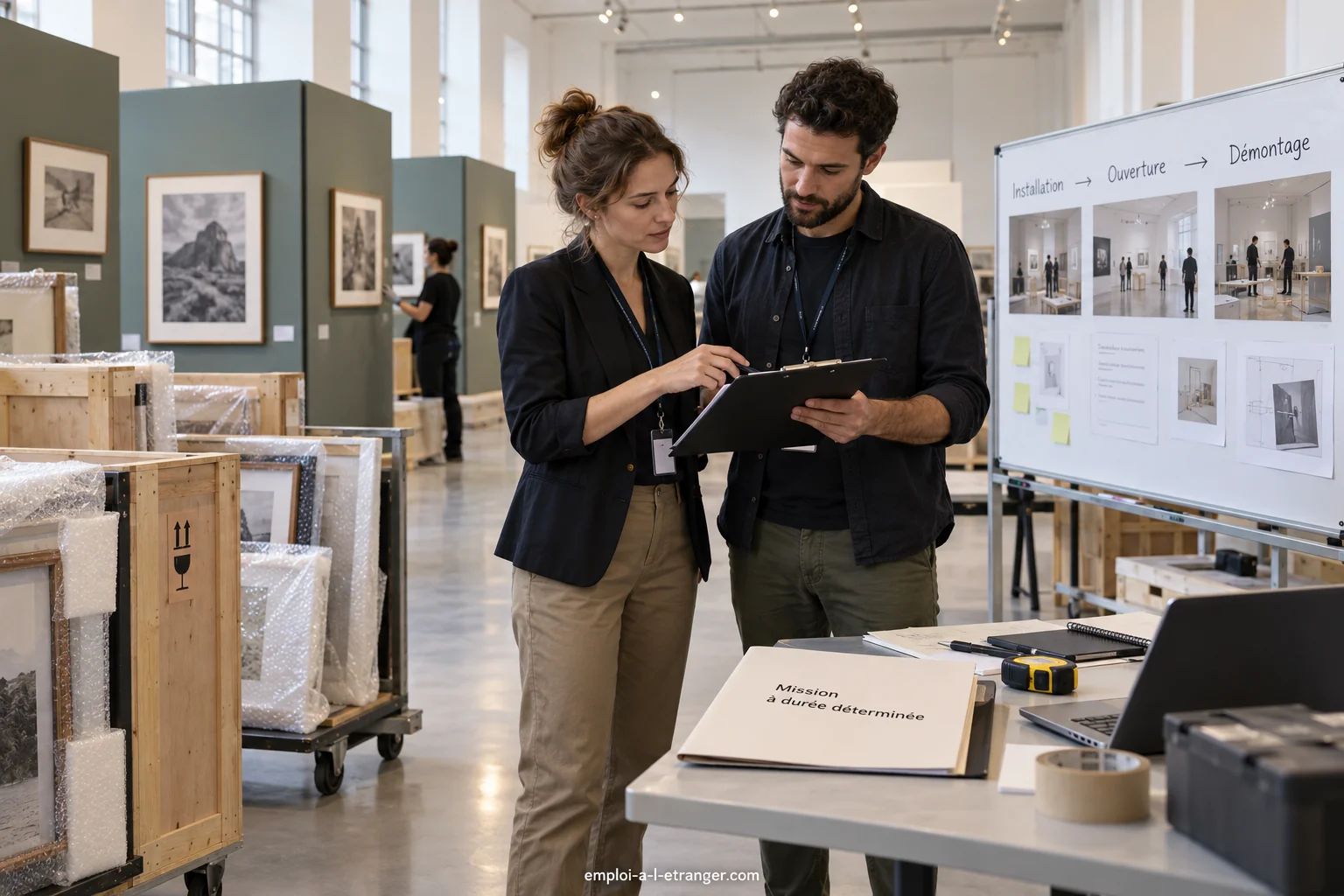 Professionals coordinating an exhibition installation on a temporary assignment