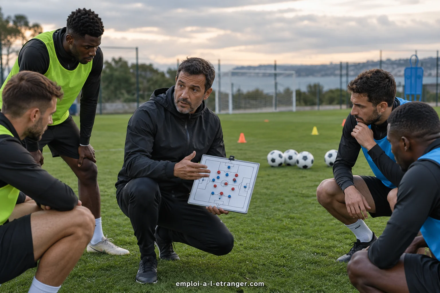 Fußballtrainer erklärt Spielern am Spielfeldrand eine taktische Zeichnung.