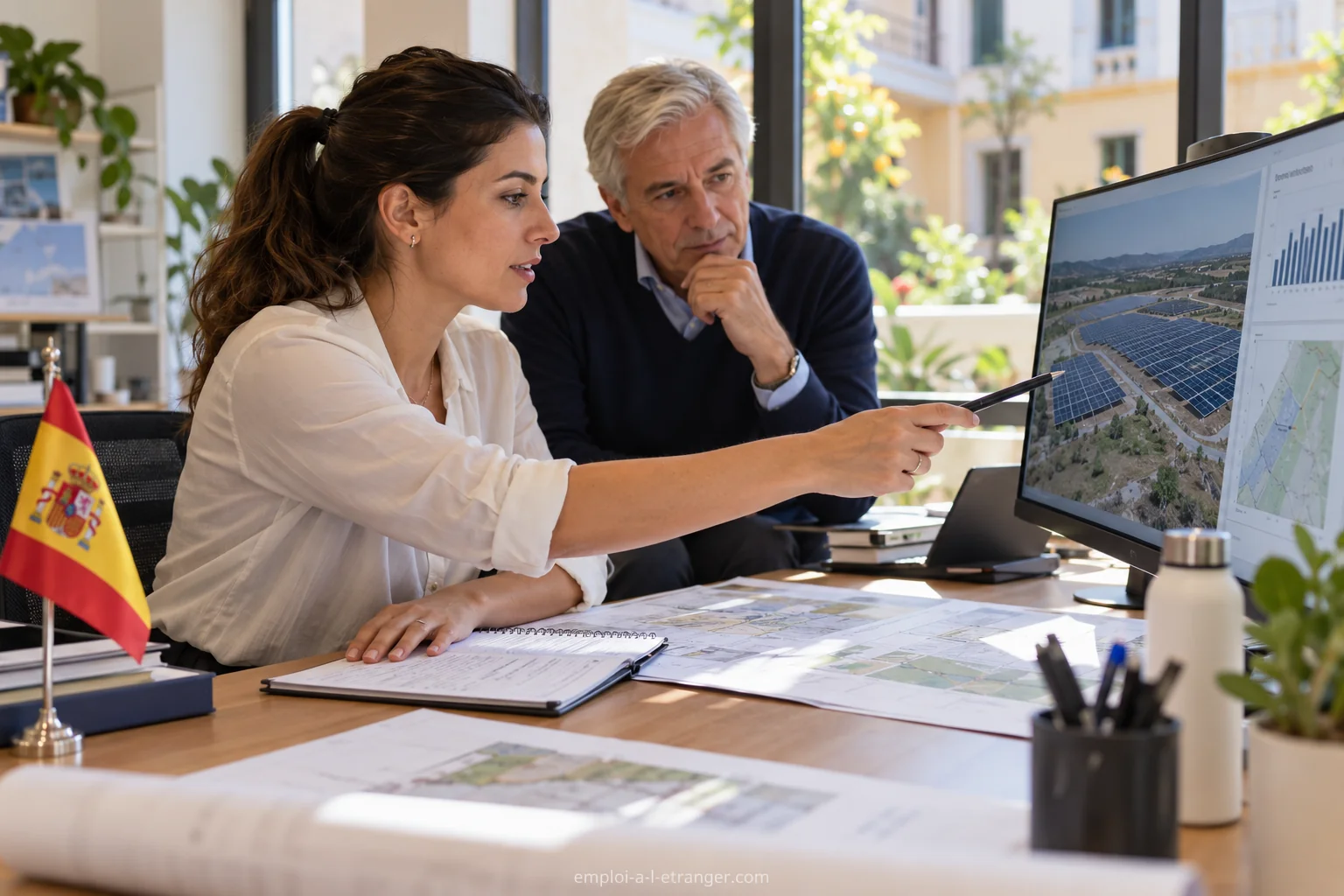 Analysts studying plans for a solar project in a technical office.