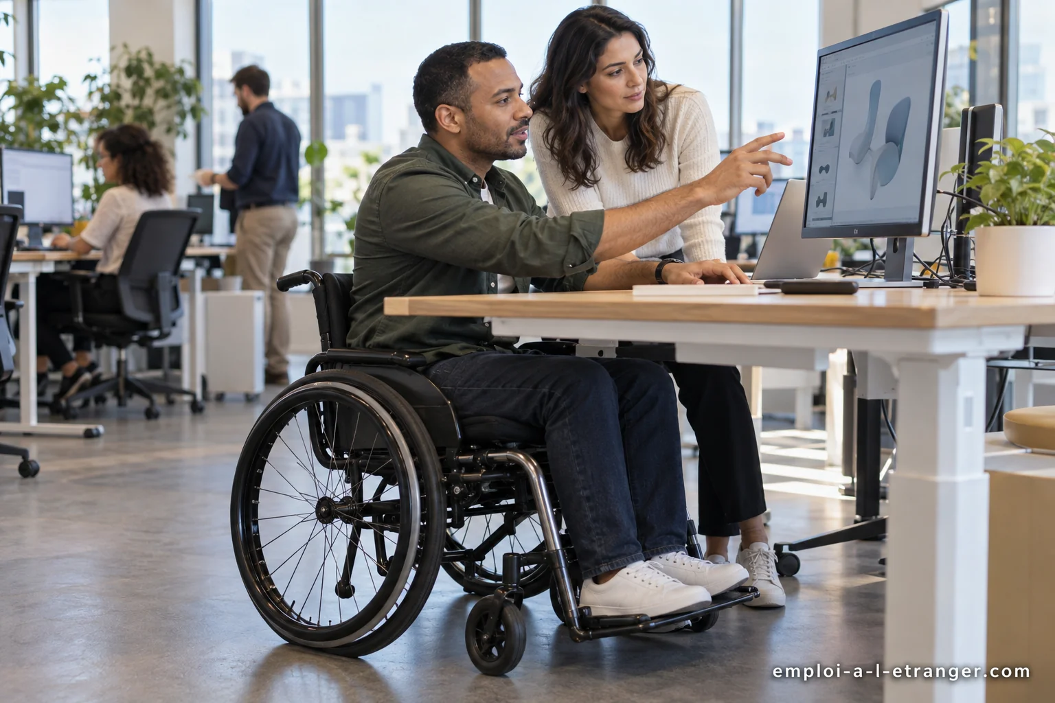 Salarié en fauteuil roulant échangeant avec une collègue devant une maquette numérique.
