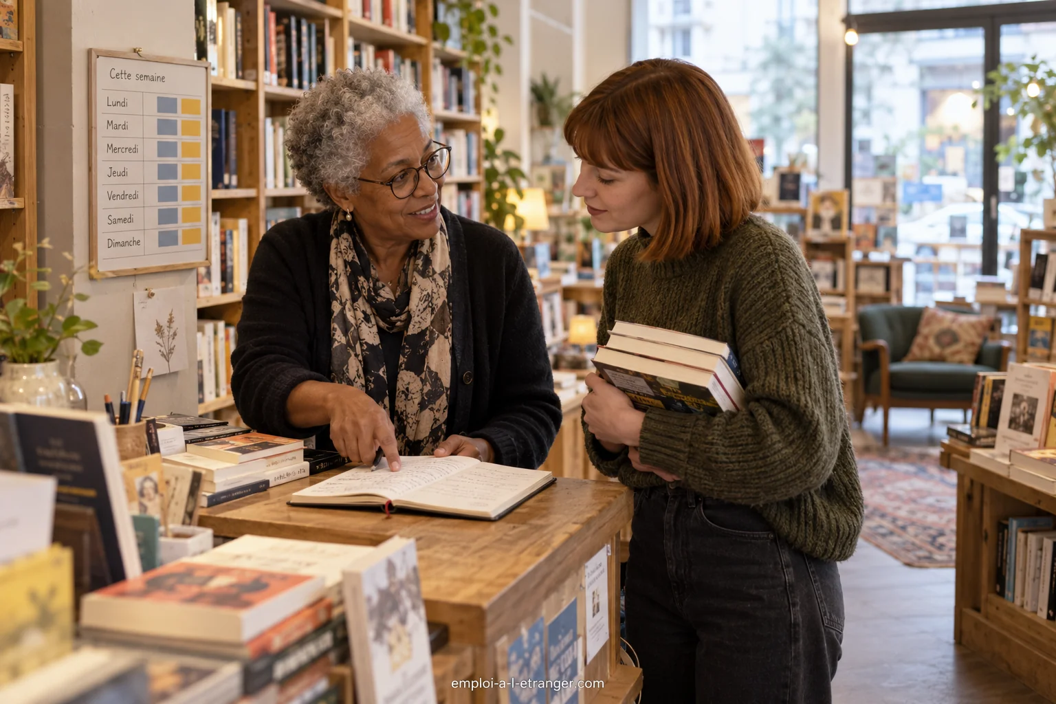 Two bookshop employees exchanging notes during a part-time shift handover