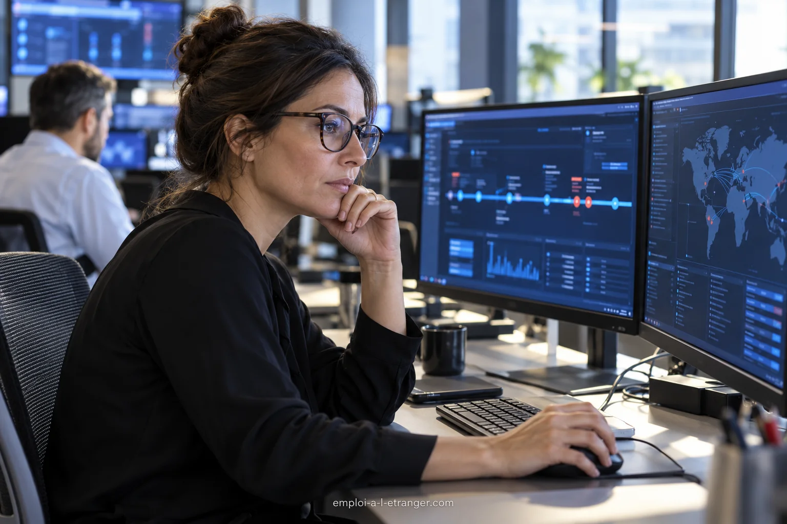 Experte en cybersécurité analysant une chronologie d’événements dans un centre opérationnel.