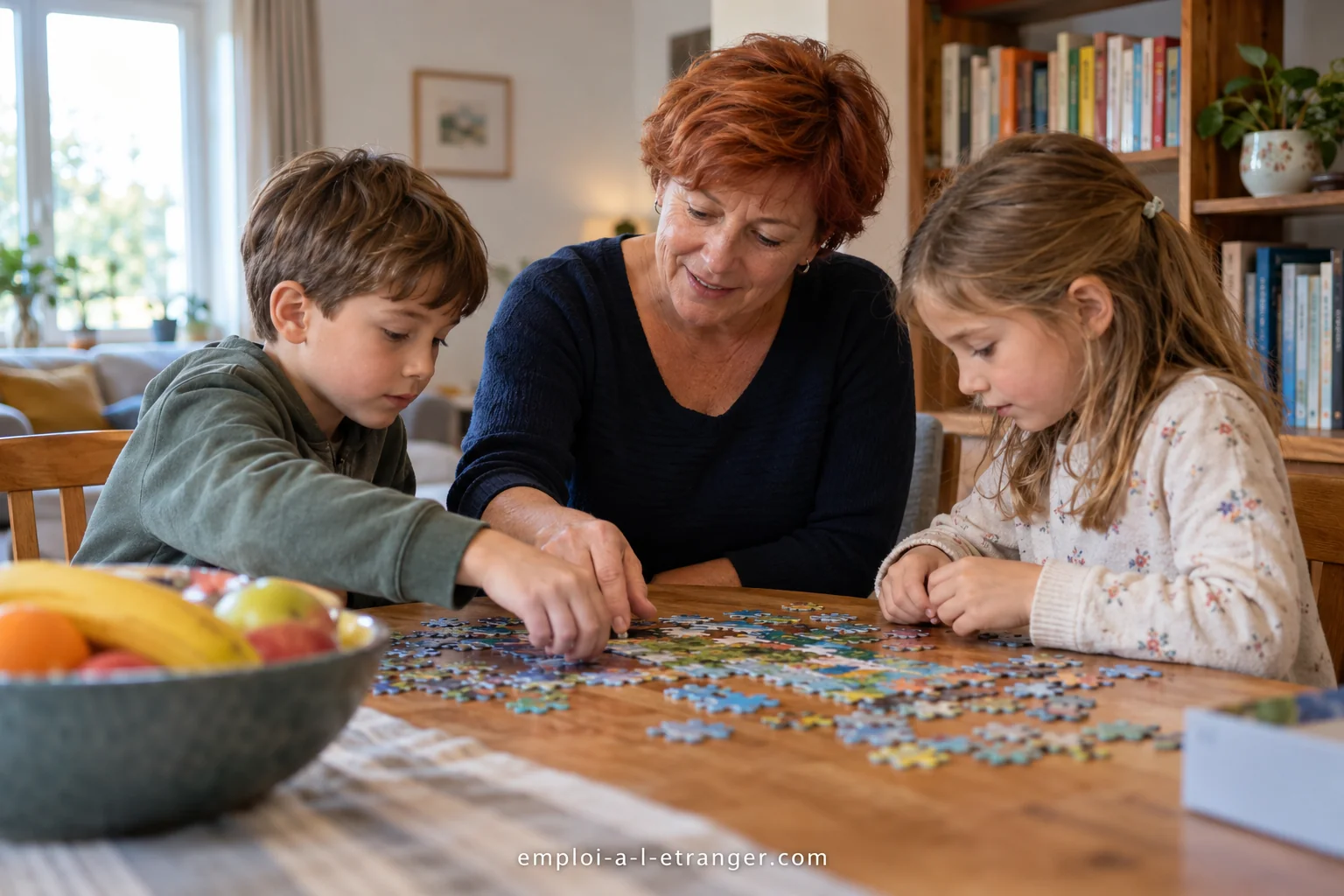 Childcare worker helping two children assemble a puzzle at home.
