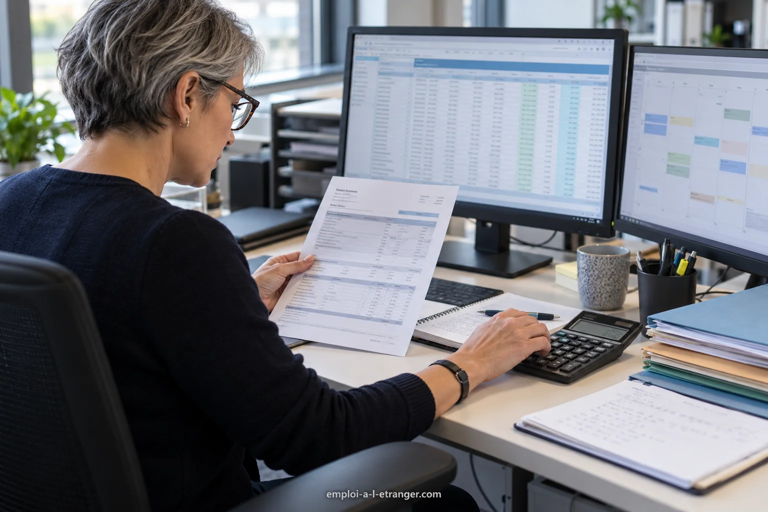 Payroll specialist checking an anonymised payslip beside a payroll table and calendar.