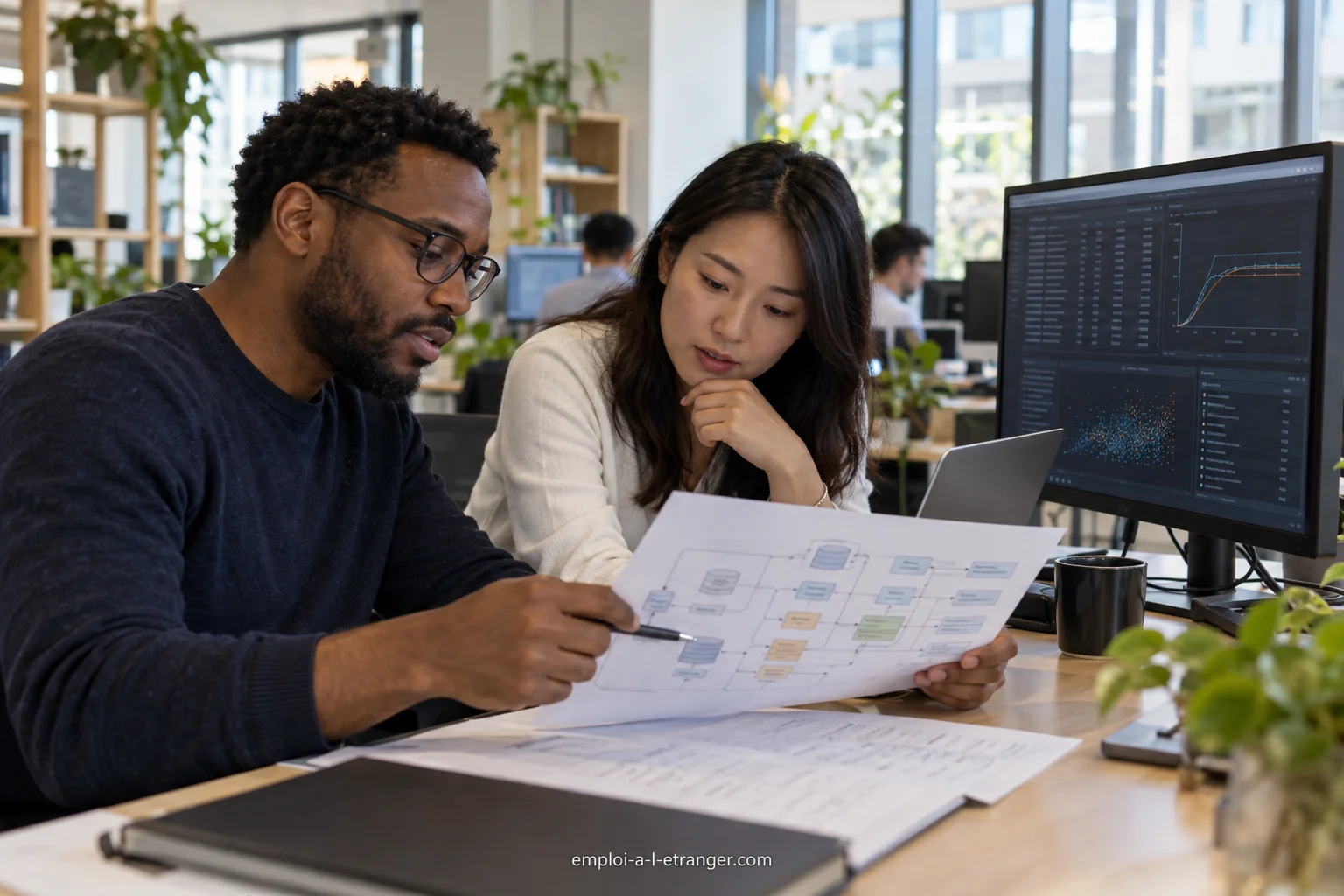 Data engineers reviewing a processing diagram with evaluation charts on screen.