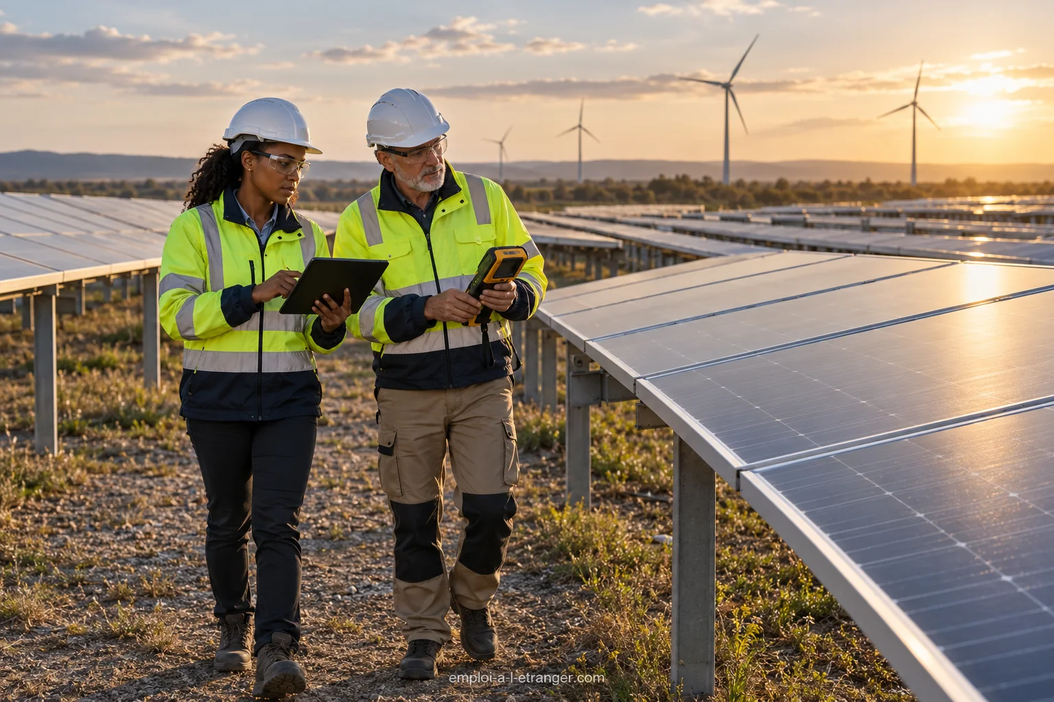 Ingénieure et technicien inspectant des panneaux solaires avec des éoliennes en arrière-plan.