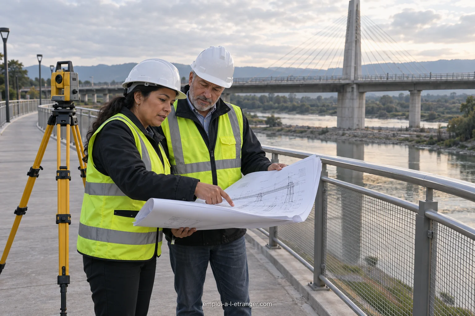 Ingénieure en génie civil et collègue examinant les plans d’un pont près d’un appareil de topographie.