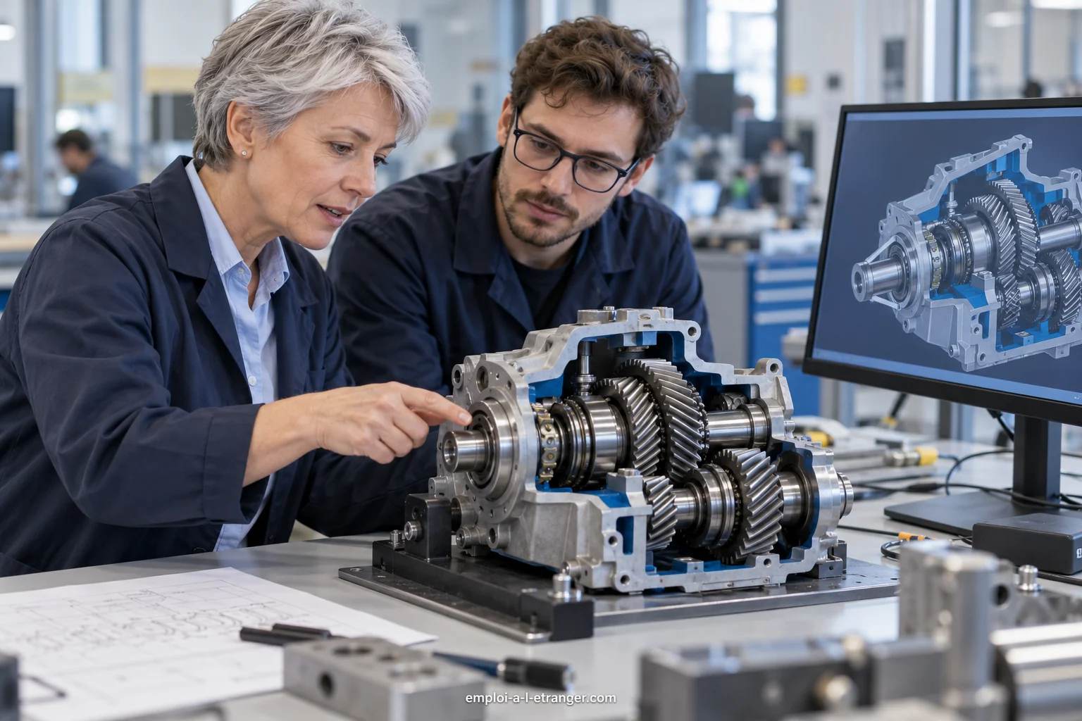 Ingénieure mécanique et collègue comparant une transmission en coupe à son modèle numérique.