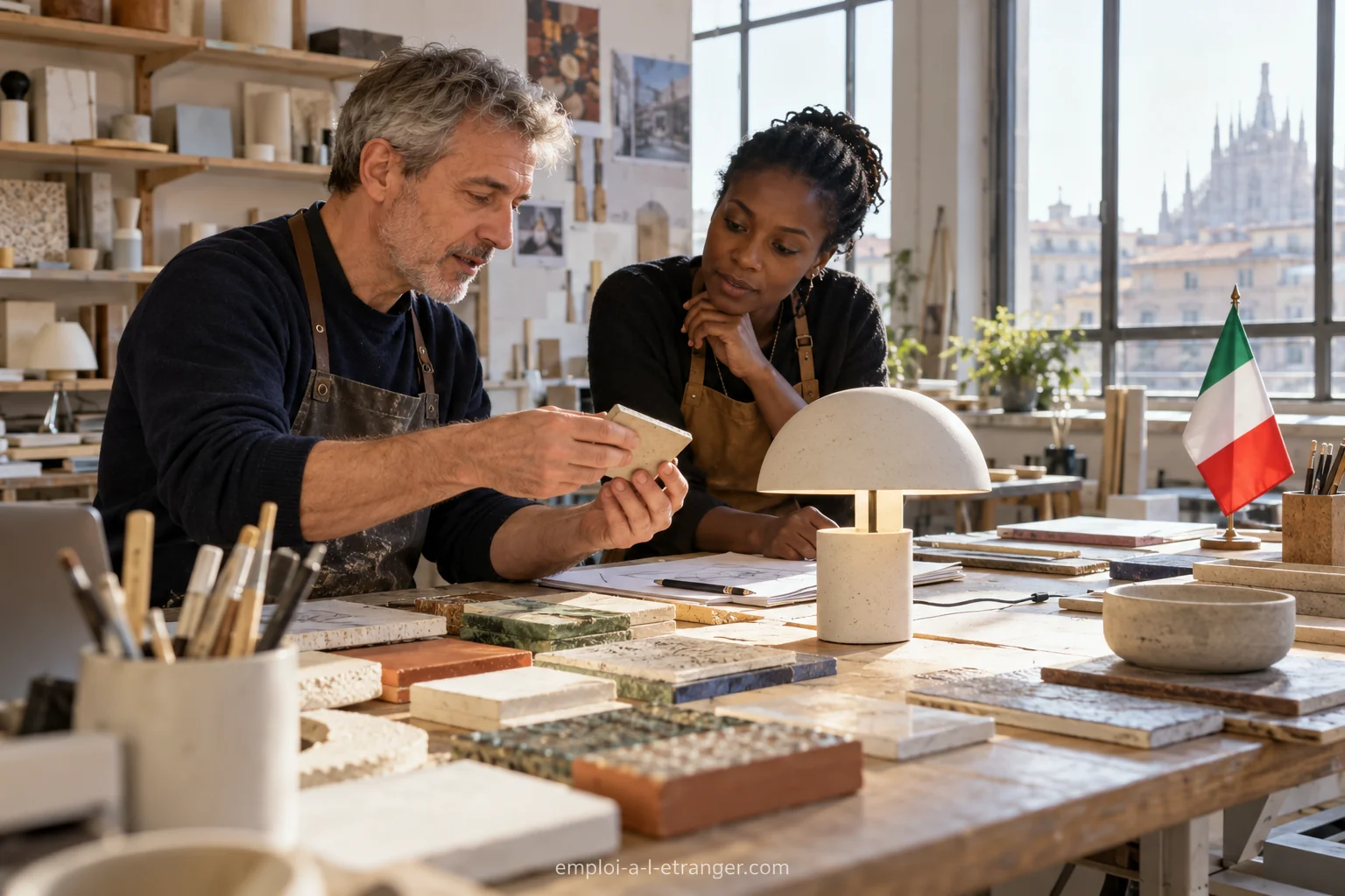 Two professionals designing a light fixture with ceramic samples and a prototype.