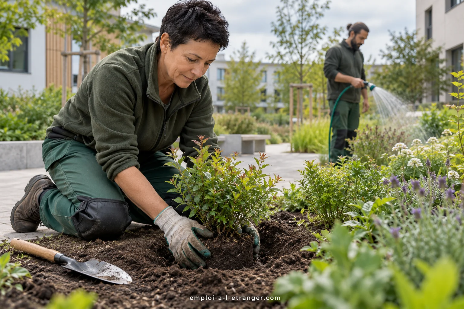 Paysagiste plantant une motte pendant qu’un collègue arrose le massif.