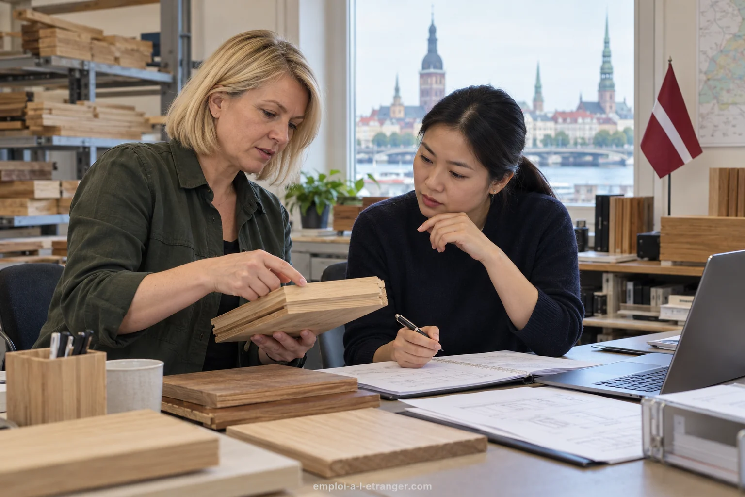 Two professionals inspect a wooden component in a Latvian workshop.