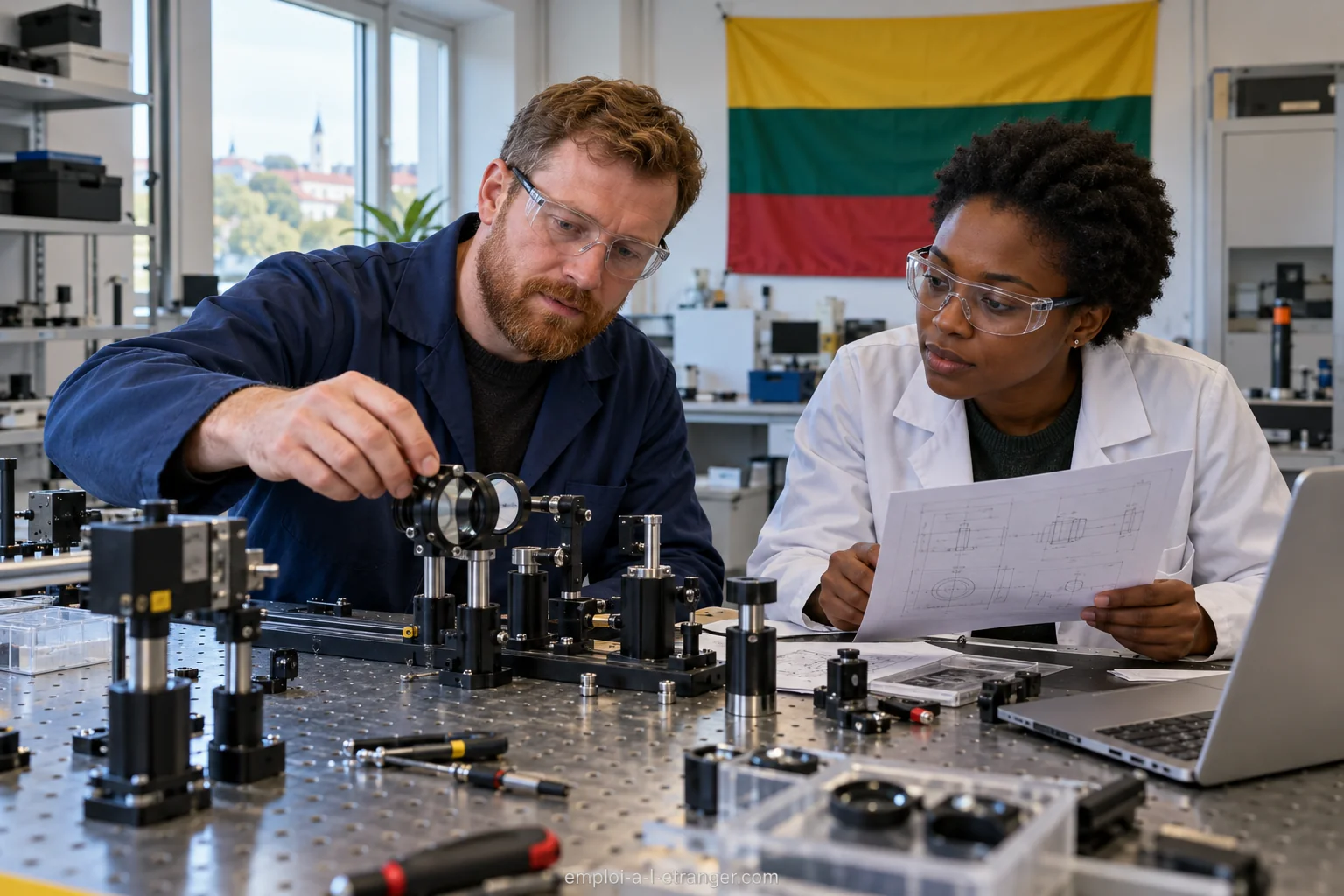A technician and an engineer examine an optical assembly in Lithuania.