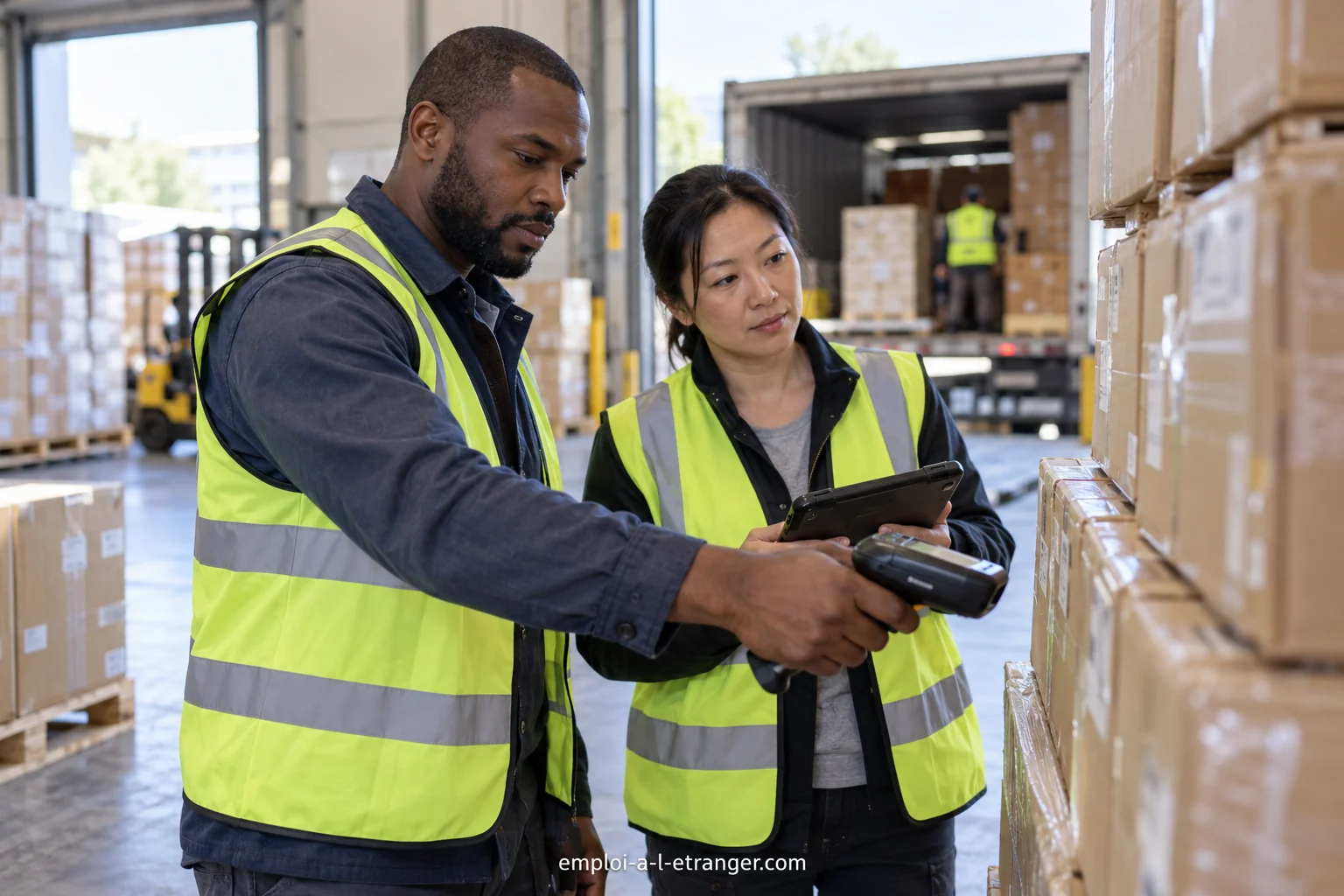 Deux logisticiens vérifiant des cartons et un inventaire sur un quai de chargement.