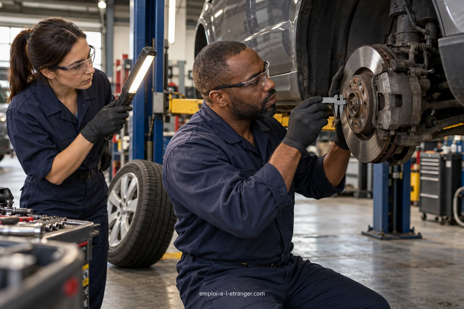 Mechanic and colleague inspecting a car brake on a vehicle lift.