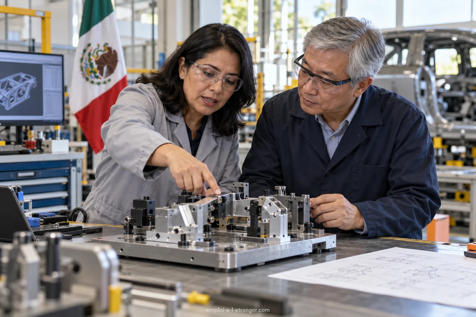 Two colleagues examine an automotive fixture in a Mexican workshop.