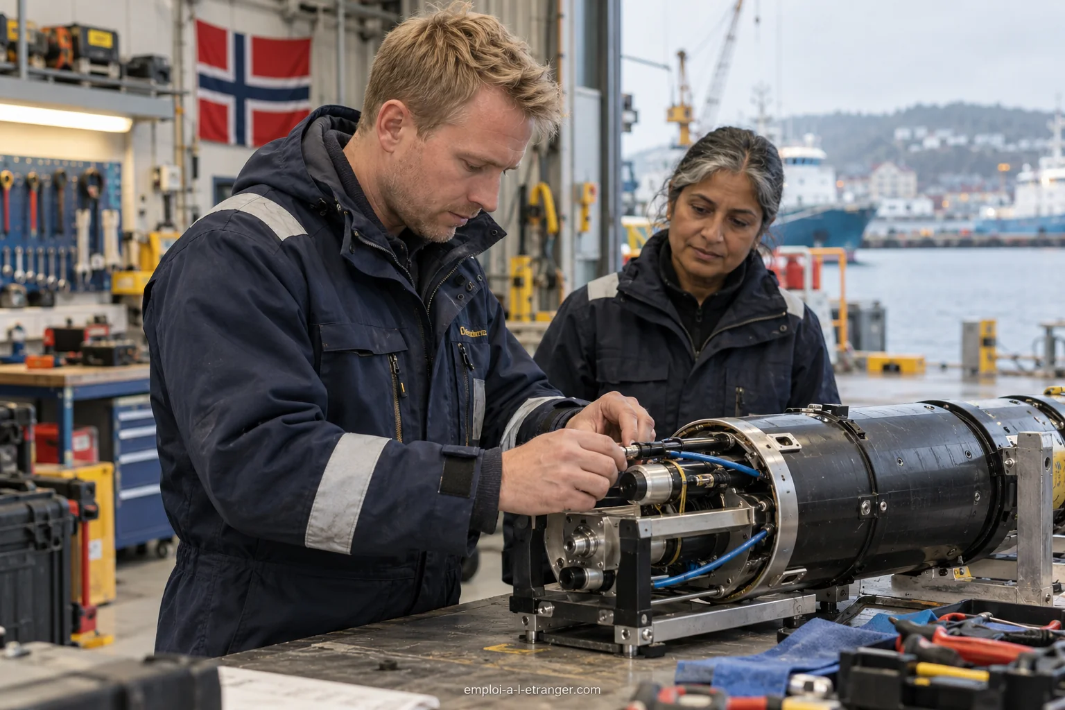 Zwei Fachkräfte prüfen einen Meeressensor in einer norwegischen Werkstatt.