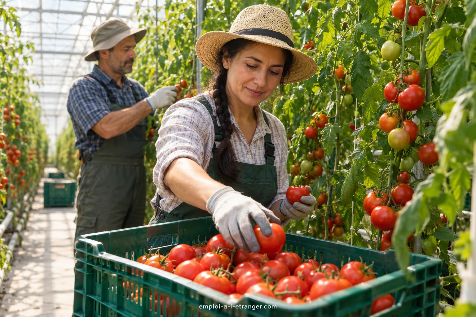 Ouvriers agricoles récoltant des tomates dans une serre et les plaçant dans des cagettes.