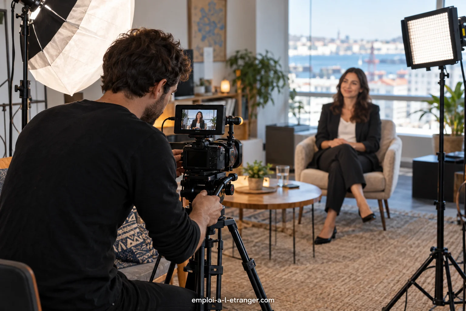 Videographer filming an interview with a camera and lighting set up in an office.