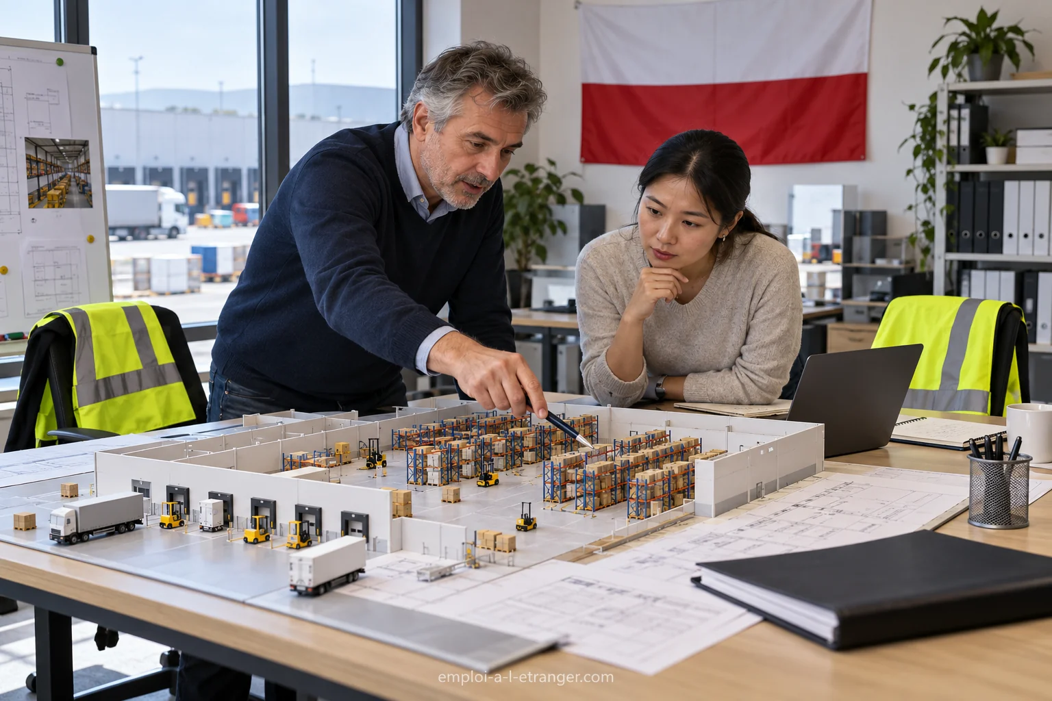 Two colleagues review a warehouse logistics model in Poland.