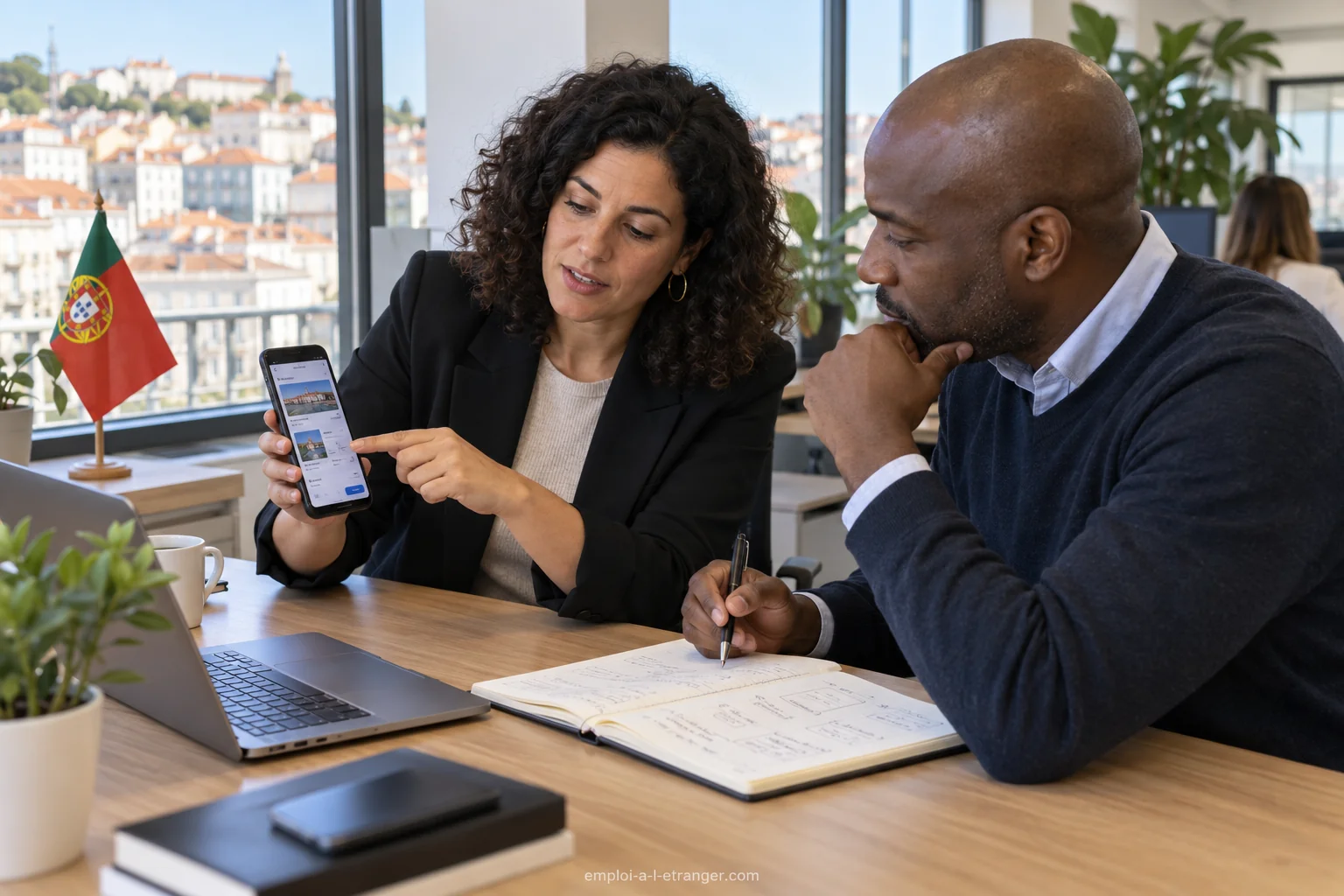 Une professionnelle présente un écran de téléphone à un collègue prenant des notes dans un bureau au Portugal.