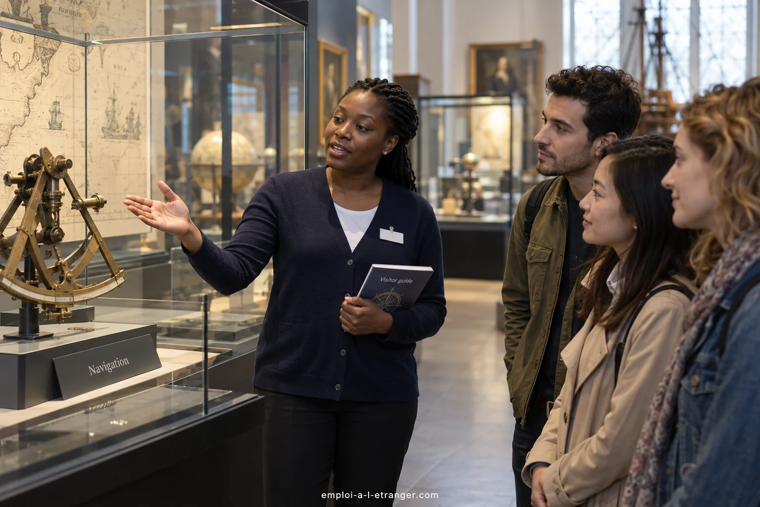 Guide presenting a navigation instrument to museum visitors