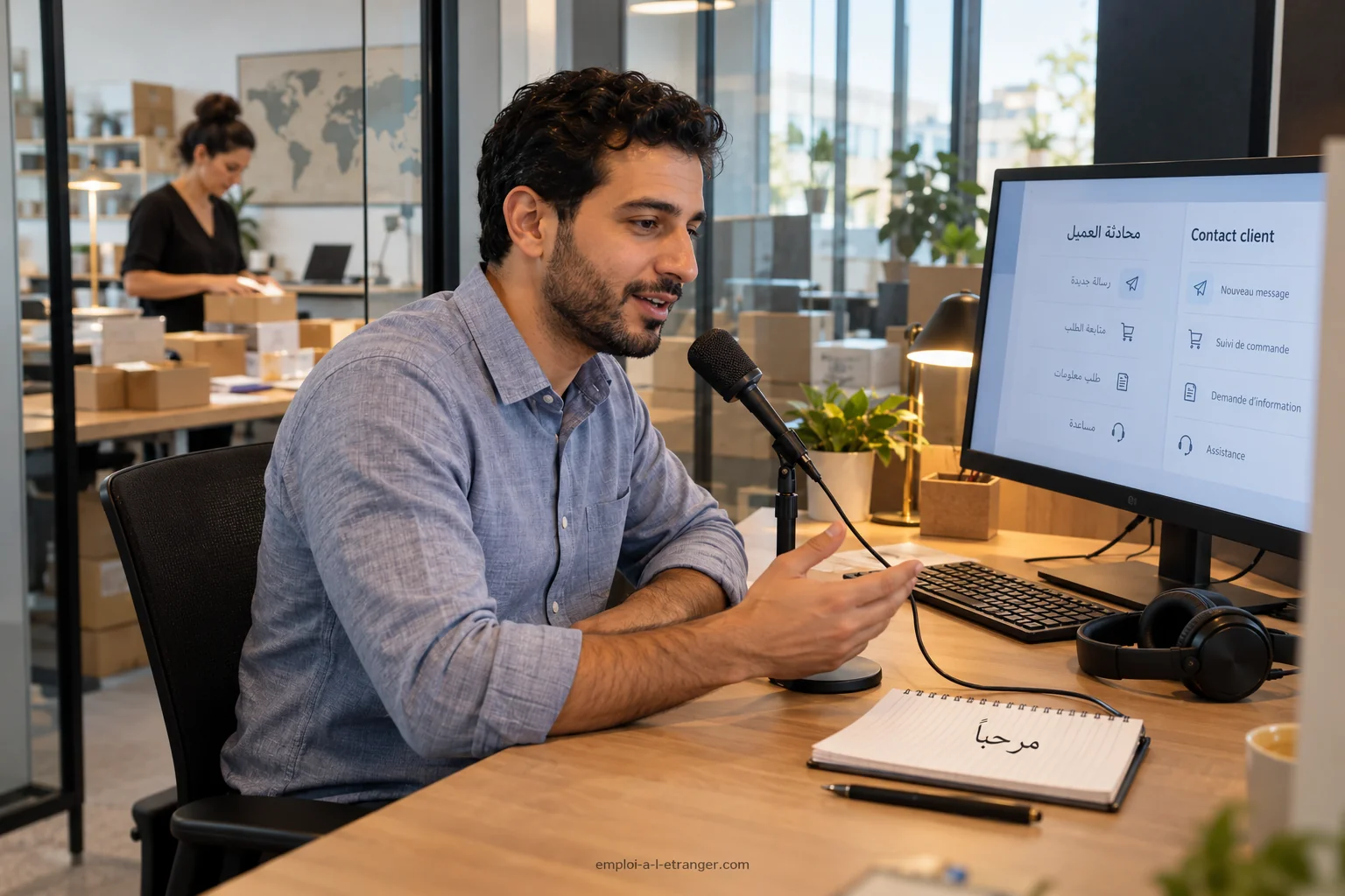 Chargé de relation client enregistrant une réponse dans une entreprise exportatrice