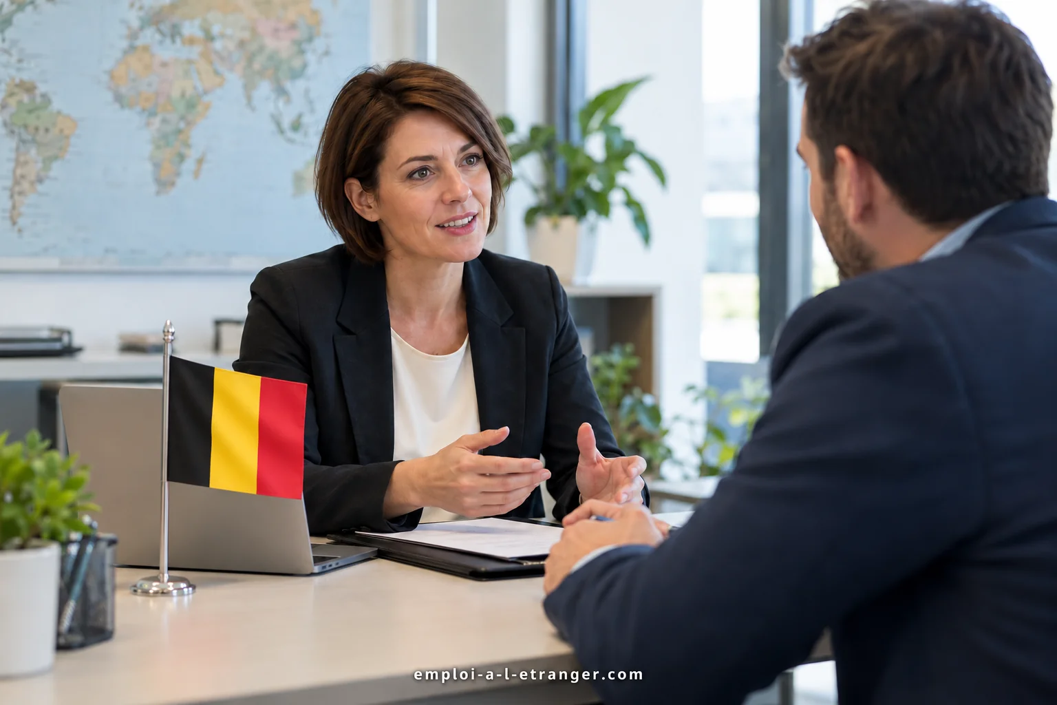 Candidate belge en entretien professionnel devant un petit drapeau de la Belgique.