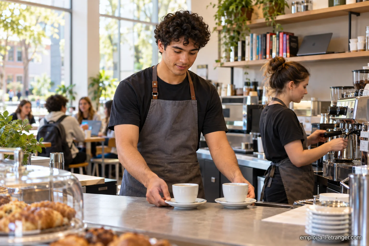 Student worker setting two cups on saucers at a campus café counter, with a course bag resting on the floor beside the bar.