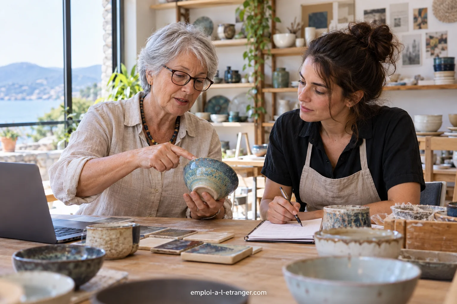 Conseillère retraitée partageant ses compétences avec des participants dans un atelier de céramique à l’étranger.