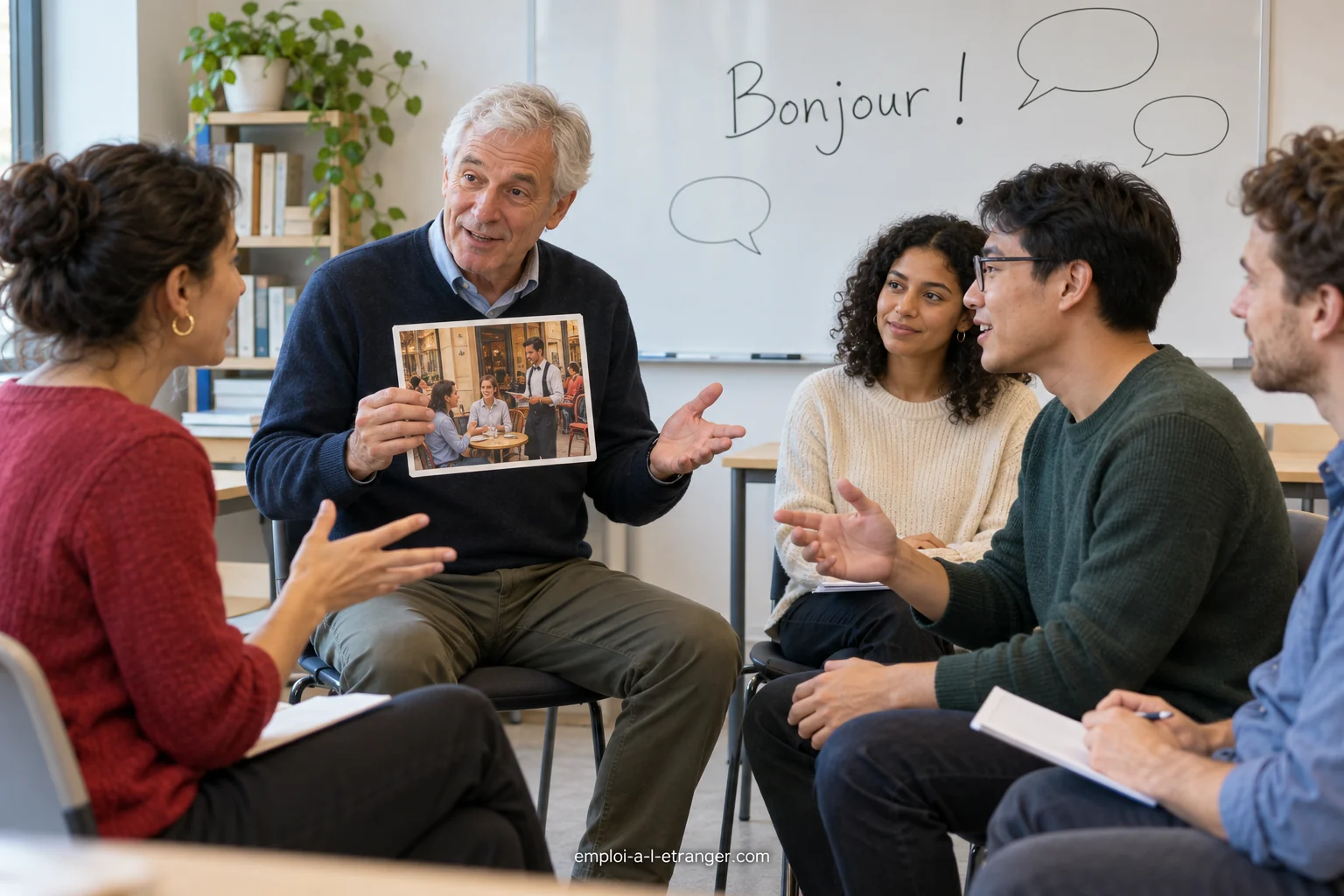 Professeur de français animant une conversation entre adultes avec une carte illustrée.