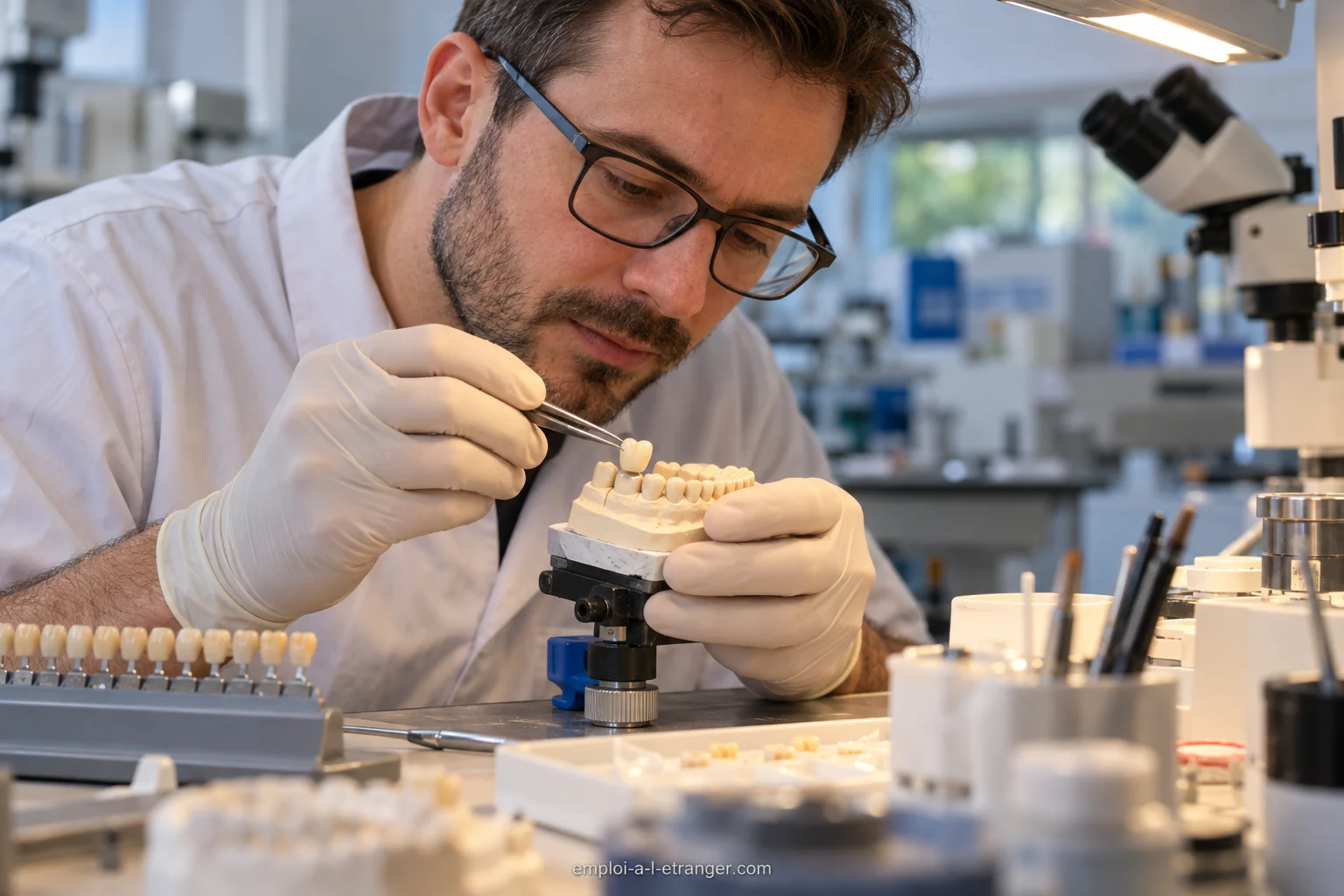 Dental technician adjusting a crown on a laboratory model.
