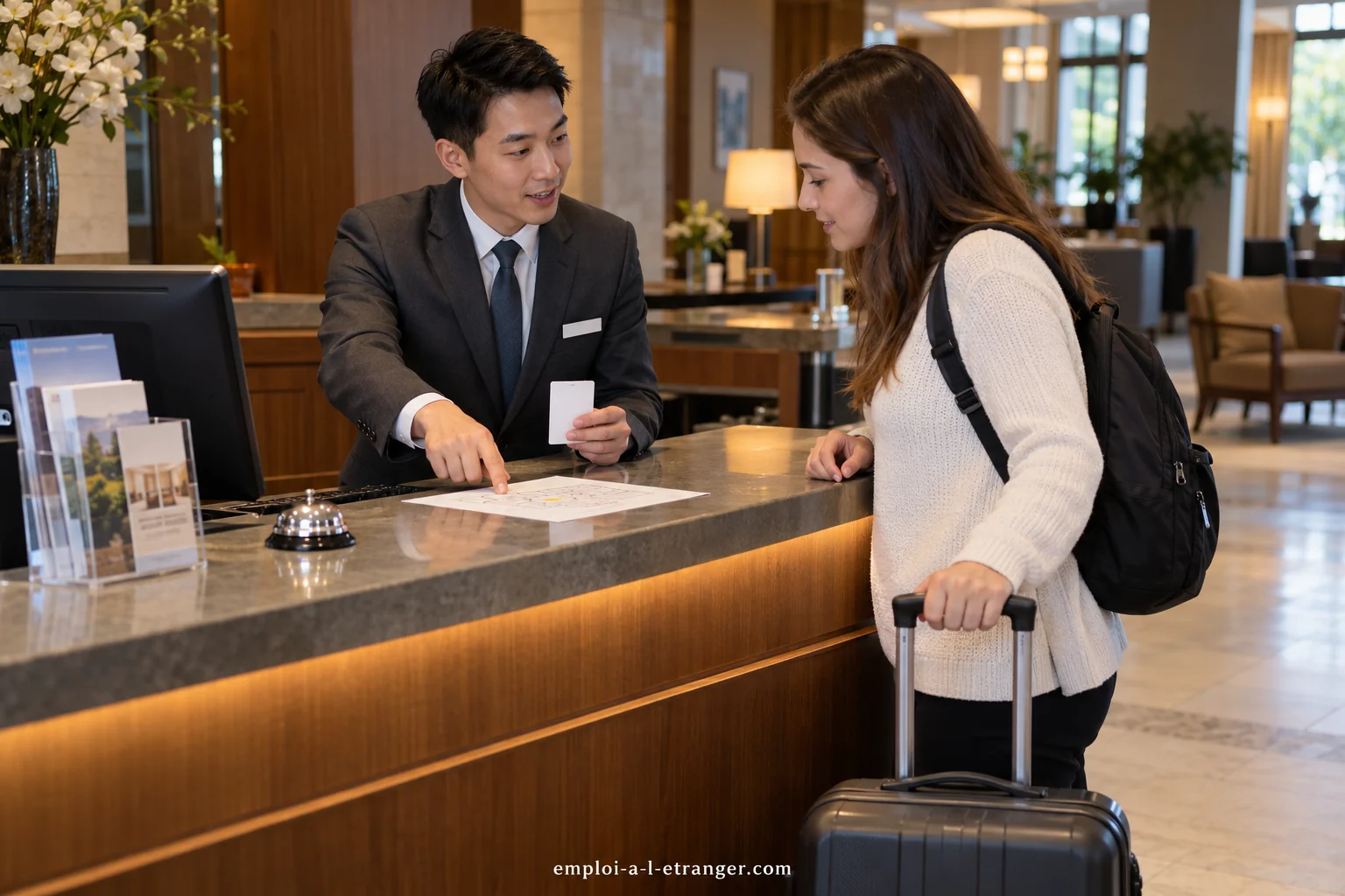 Hotel receptionist showing a city map and a room key card to a female traveller across the front desk of a hotel lobby.