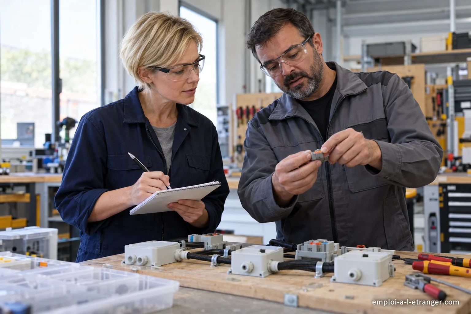 Adulte en reconversion examinant un connecteur d’exercice avec un mentor.