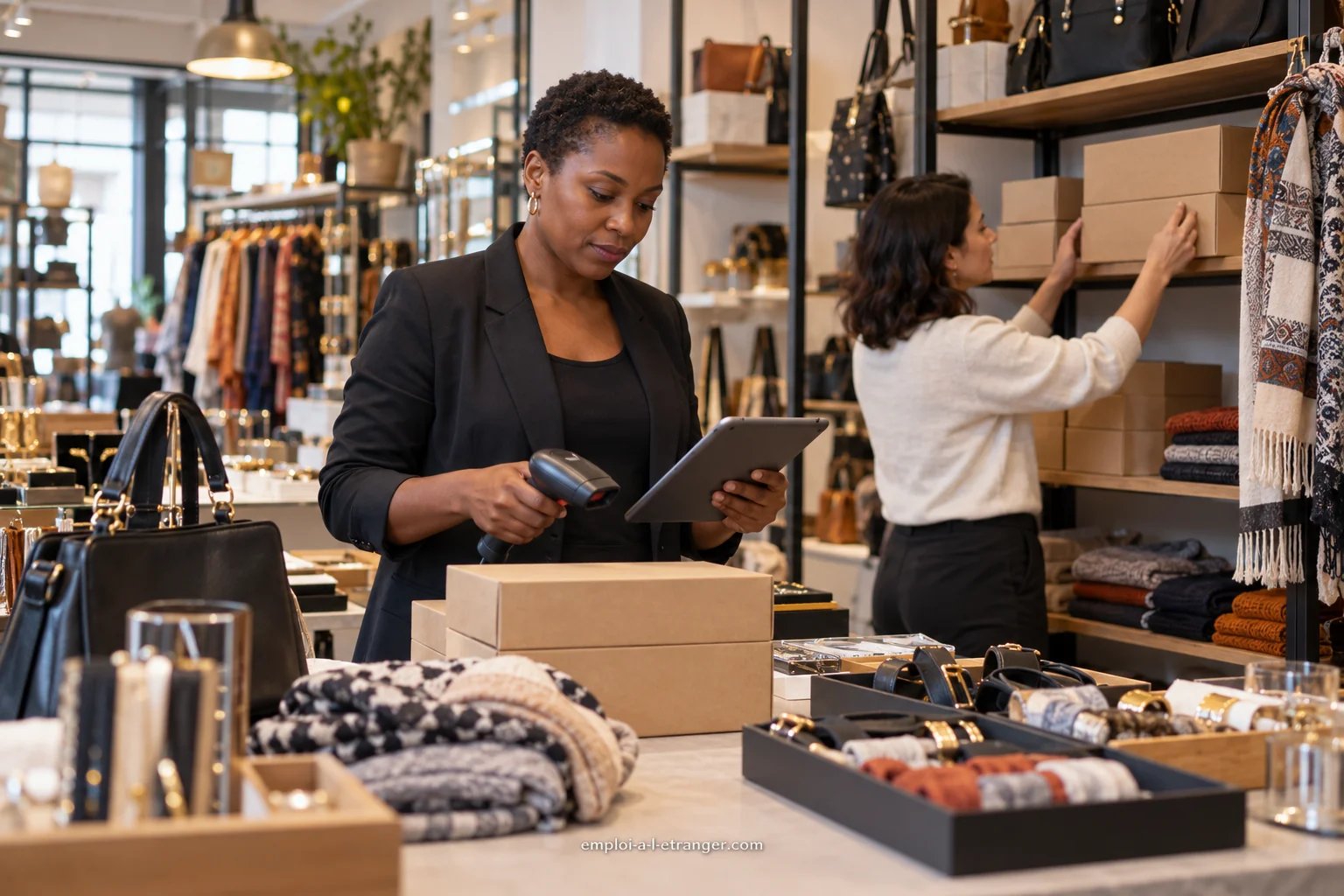 Responsable de boutique contrôlant le stock avec un lecteur et une tablette.