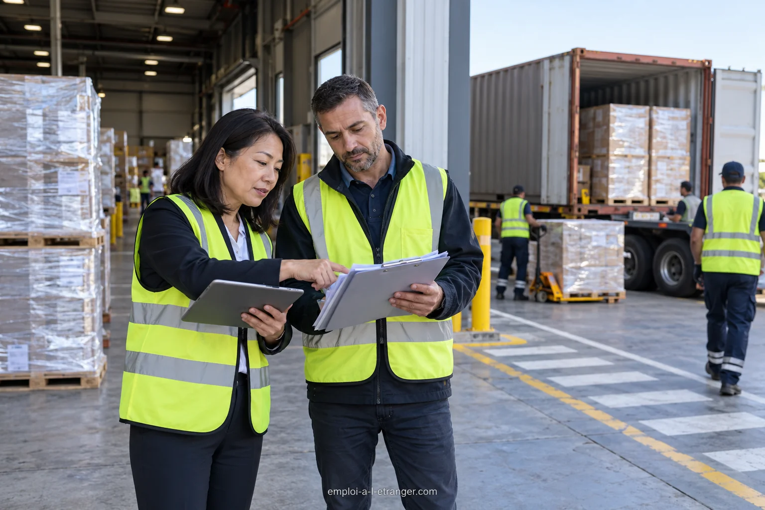 Exportverantwortlicher und Logistikkoordinator prüfen Containerunterlagen vor der Abfahrt.