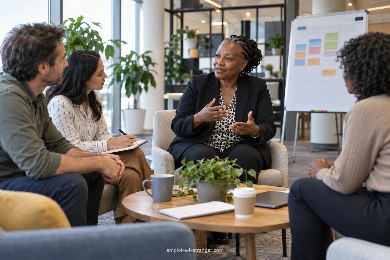 Responsable RH discutant du développement professionnel avec des salariés.