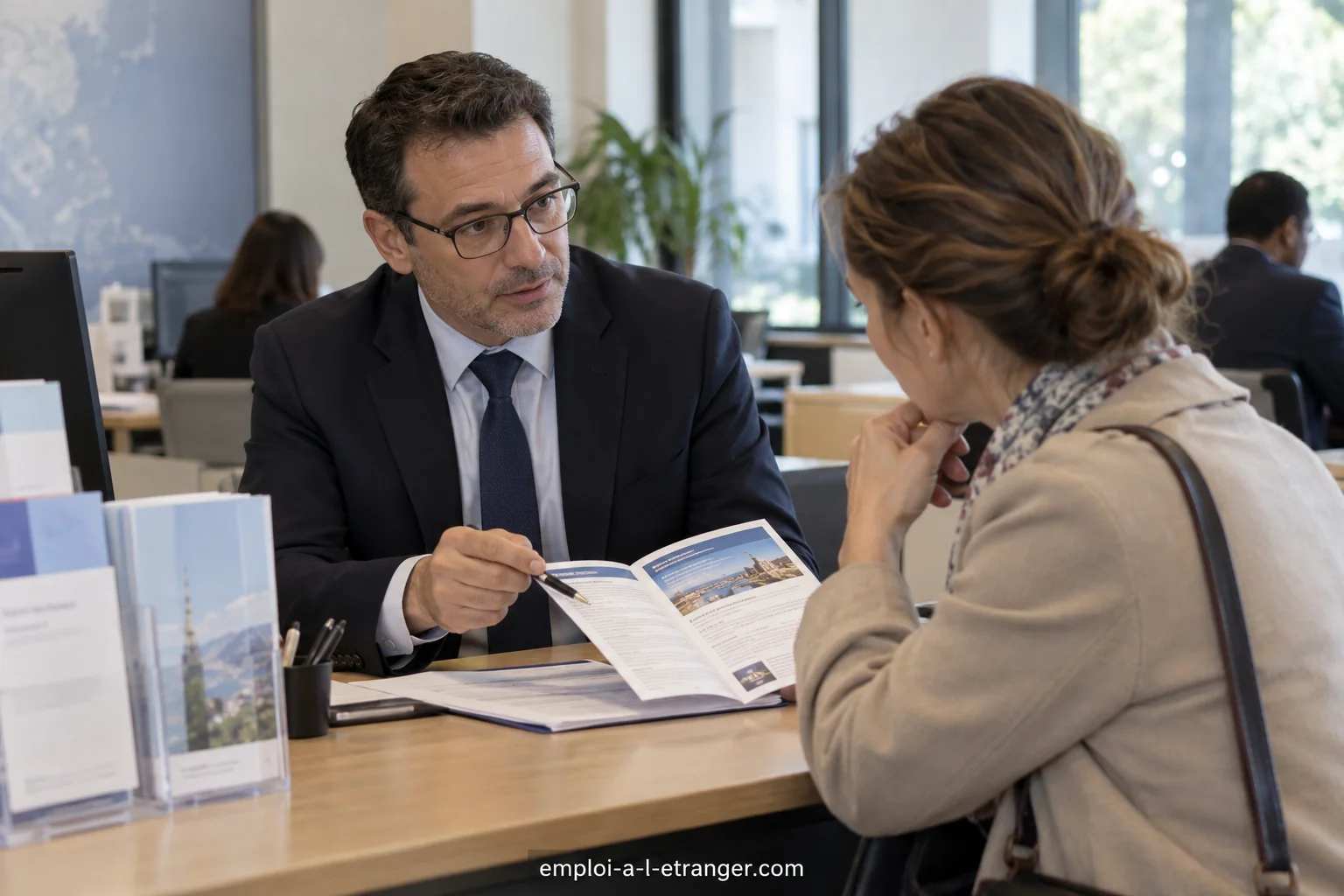 Consular reception officer explaining a leaflet to a visitor at an embassy information desk.