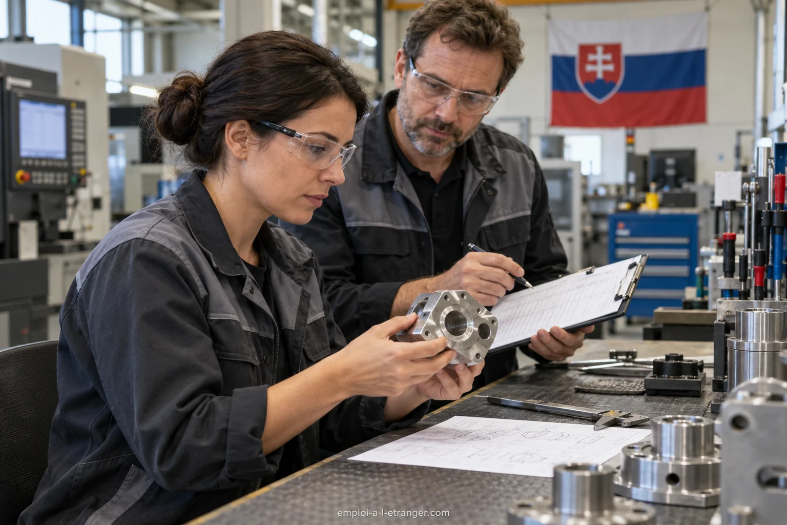 Deux techniciens examinent une pièce mécanique et sa fiche de contrôle dans un atelier slovaque.