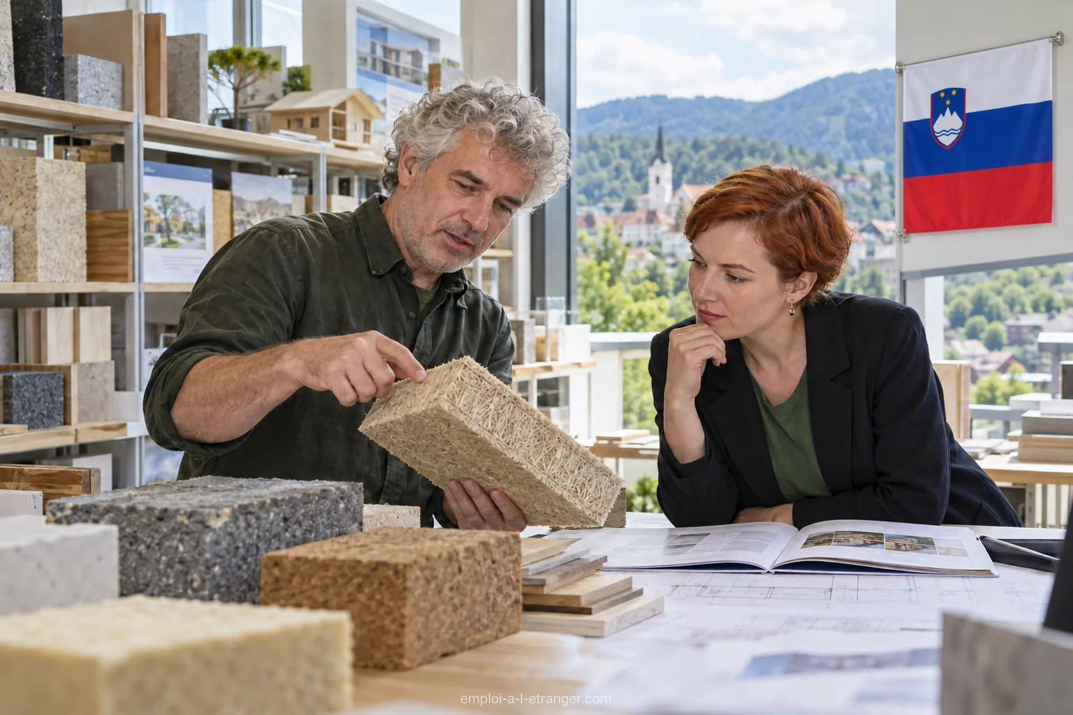 Zwei Fachleute untersuchen ein Baumaterialmuster in einem slowenischen Büro.