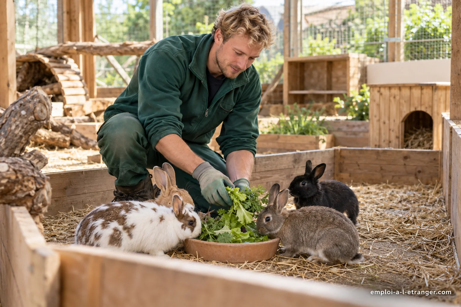 Soigneur distribuant des végétaux à quatre lapins dans un enclos propre.