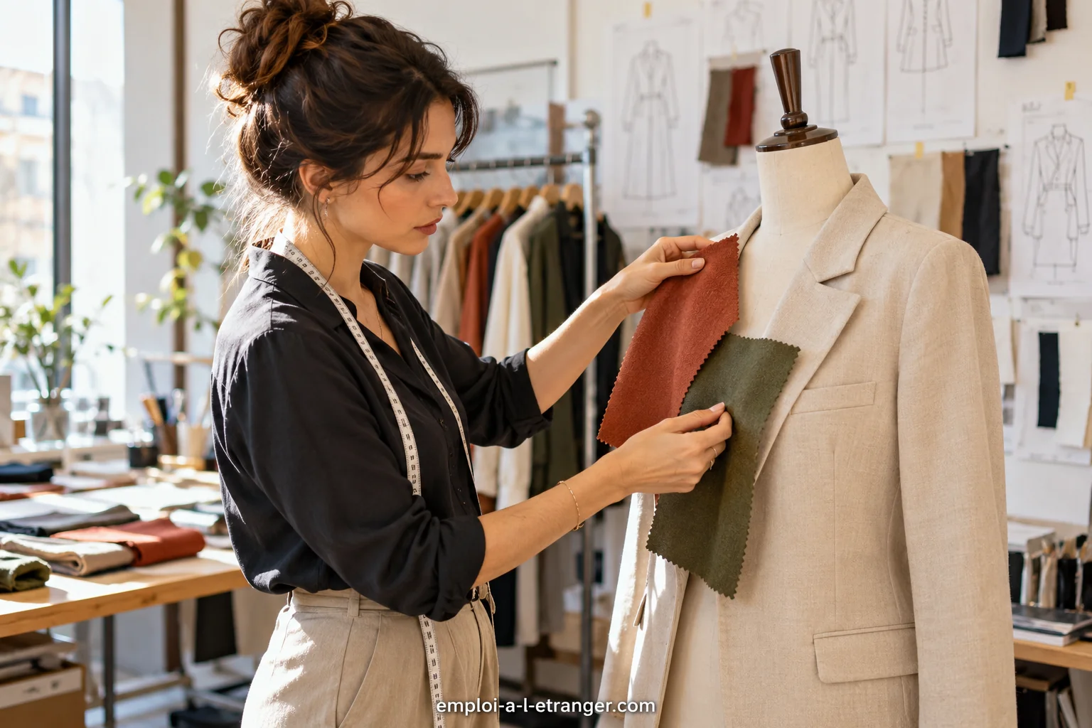 Fashion designer comparing fabric samples against a jacket on a dress form.