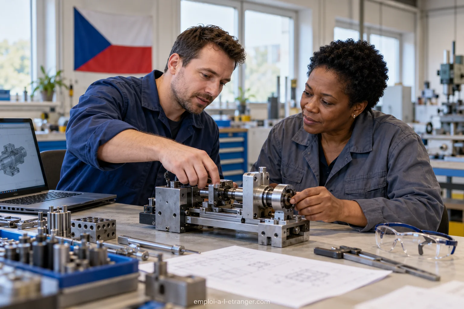 An engineer and a technician inspect a mechanical model in Czechia.