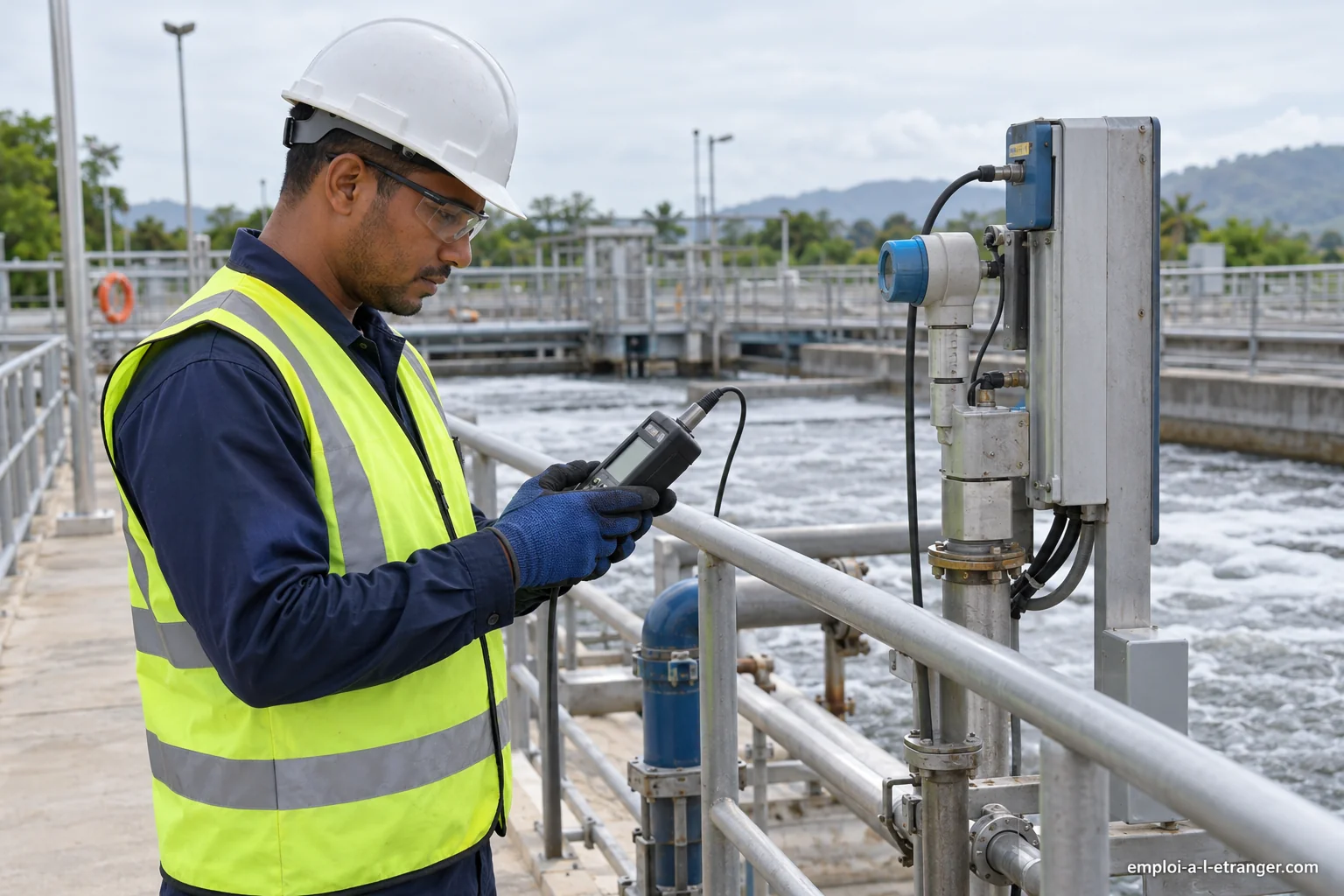 Technician wearing protective gear checking a measuring instrument inside a water treatment plant.