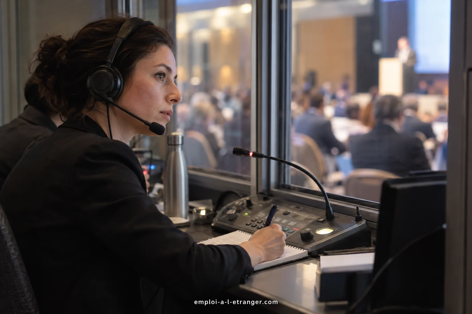 Dolmetscherin mit Headset in einer Kabine mit Blick auf einen Konferenzraum.