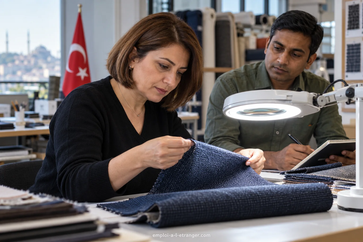 Eine Ingenieurin und ein Kollege prüfen Stoff in einer türkischen Werkstatt.
