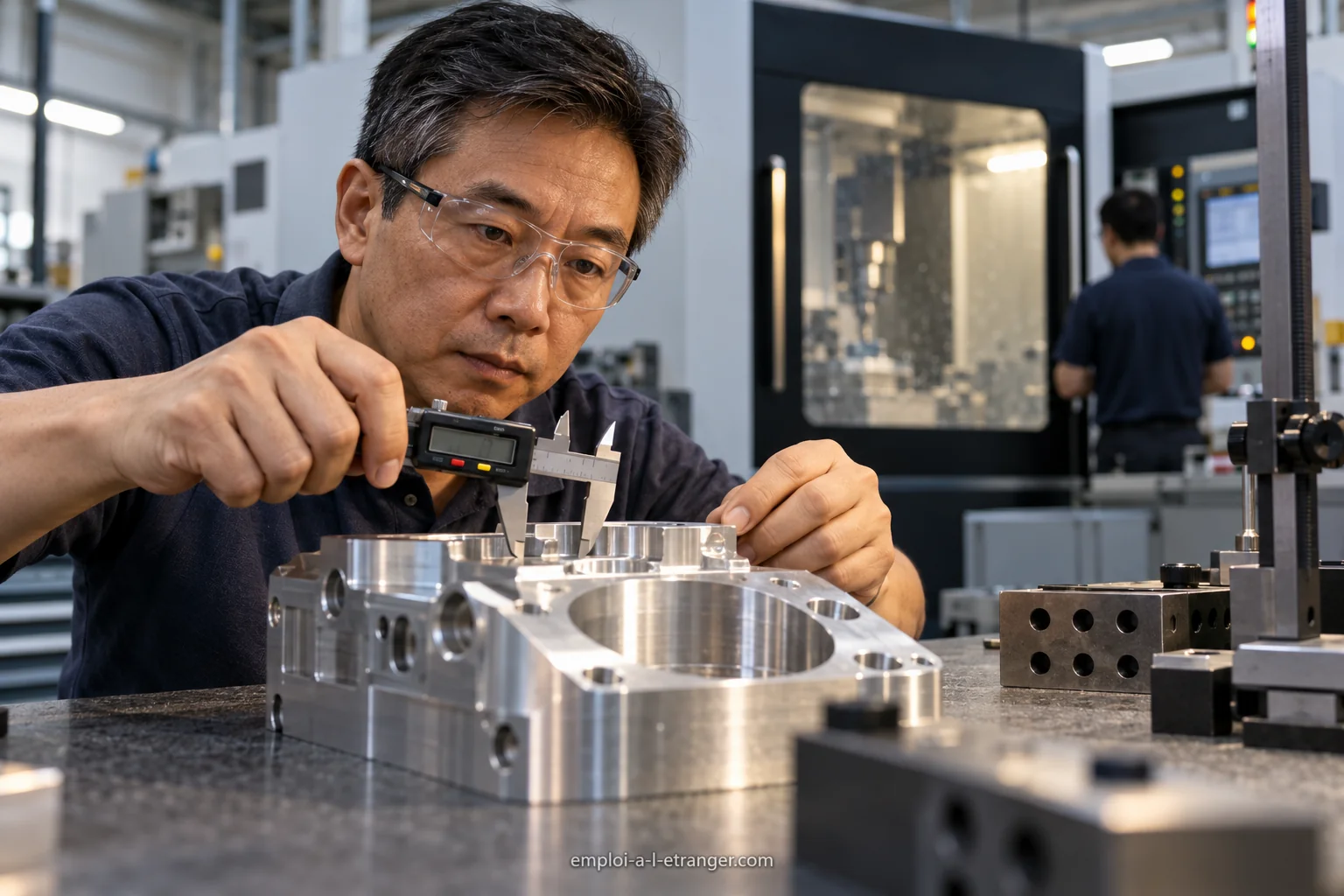 Machinist inspecting a milled part as it comes out of an enclosed CNC machining centre in a workshop.