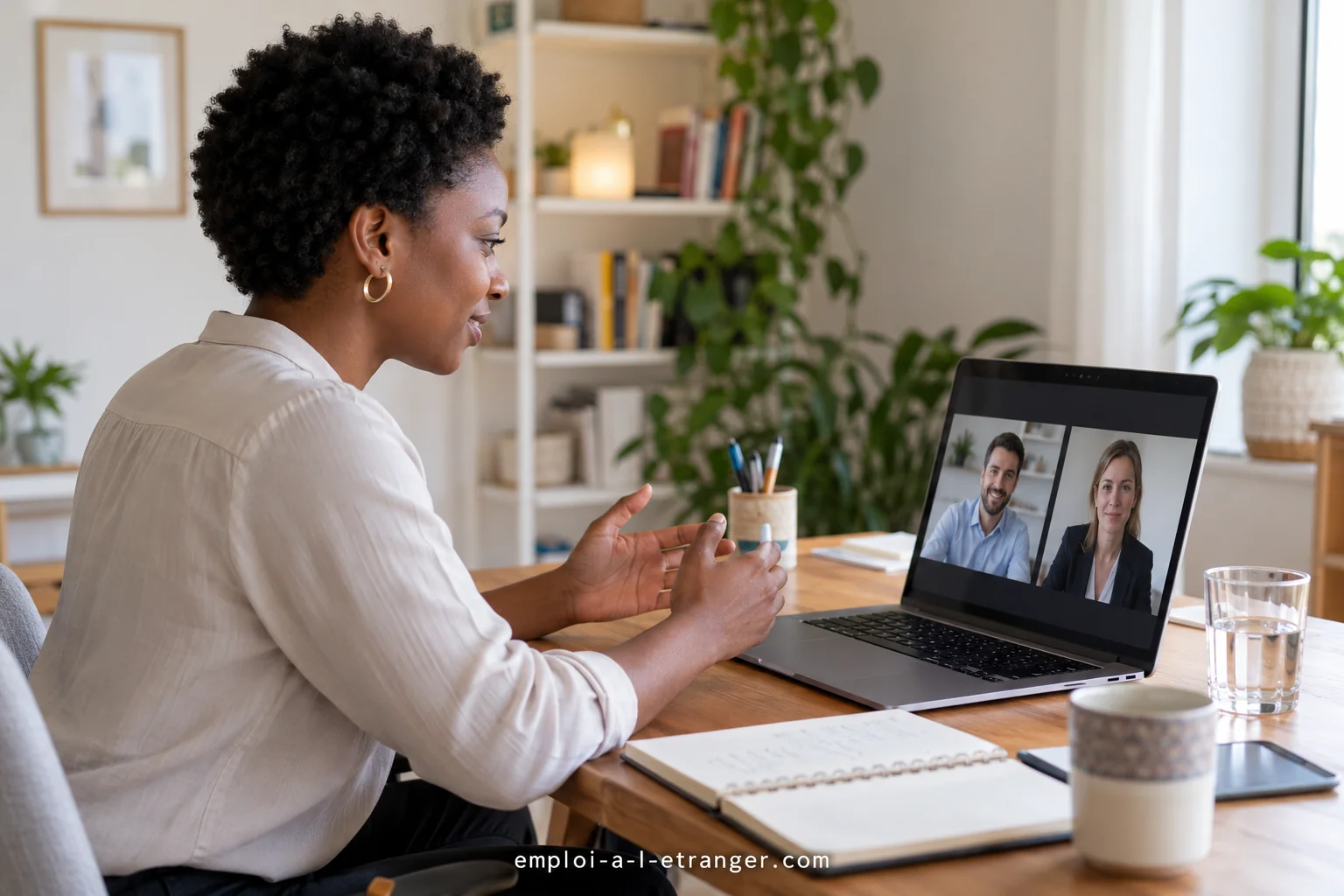 Candidate joining a video interview with two recruiters from her home.